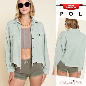 POL Button Down Raw Hem Chest Pockets Cropped Corduroy Trucker Jacket | Sage
